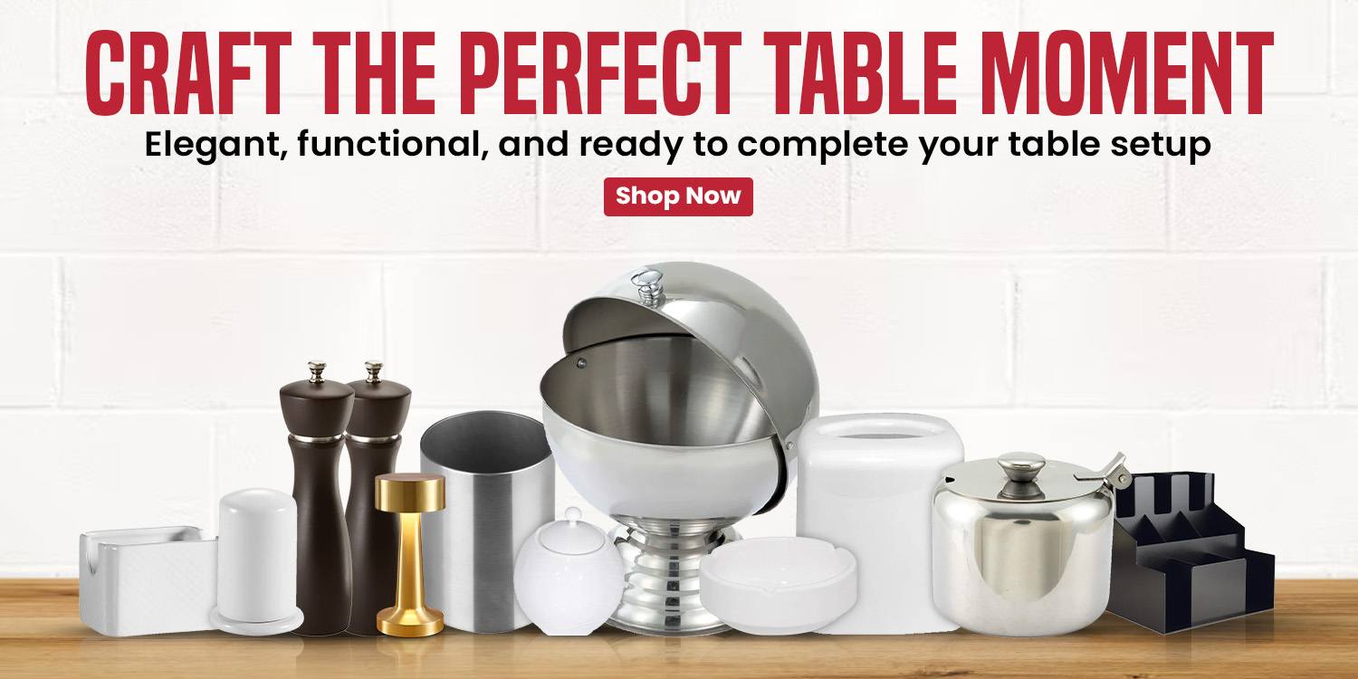 A collection of elegant tabletop accessories for restaurants, including chafing dishes, salt and pepper mills, and condiment caddies.